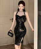 膝丈ドレス キラキラ ホルターネック セクシー party キャバクラ XH2-DD6419