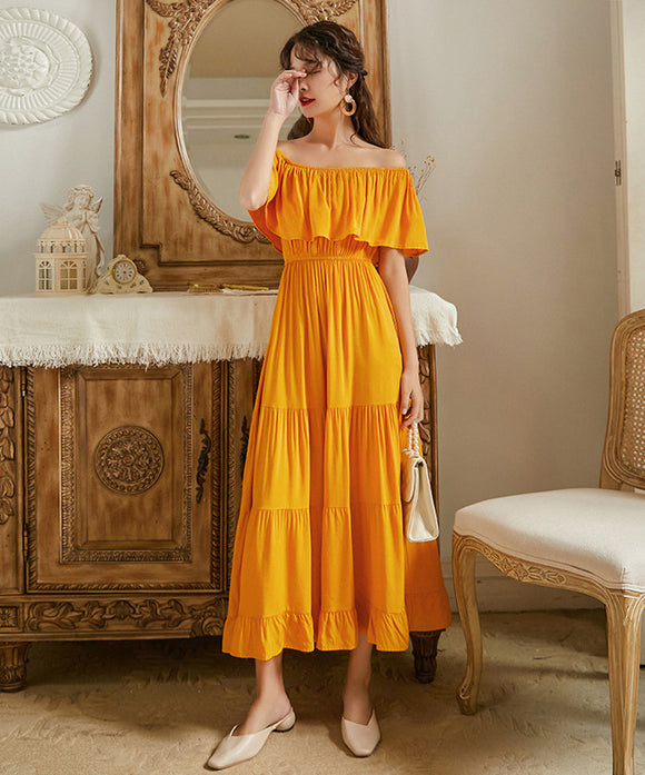 【3色】サンドレス ビーチ 旅行 ロングドレス フリル オフショルダー 大人可愛い XH2-XHY918885