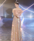 ロングドレス 誕生日パーティー キラキラ 人魚姫 リボン オフショルダー 演奏会 宴会 XH2-WS-P108