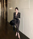 【3色】膝丈ドレス レースドレス 谷間見せ セクシー エレガント 女子力 袖付き 気質 XH2-XKD-D529-6616-Nov28