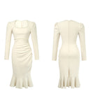 手作り 膝丈ドレス マーメイド エレガント 気質 スクエアネック セレブ風 真珠 XH2-JY6017