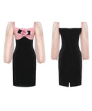 手作り 膝丈ドレス エレガント スクエアネック セレブ風 ローズ チュール 高級感 XH2-JY9707