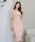 膝丈ドレス セクシー キャバドレス スクエアネック パフスリーブ 谷間魅せ 小顔効果 XH2-ZED886627BH506