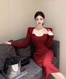 【2色】ロングドレス小顔効果セクシーマーメイド袖付き気質エレガントXH2-DD5667