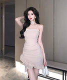 【2色】ミニドレス ベアトップ 非対称 セクシー フラワー フリル XH2-ZED886090GT513