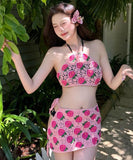 【4点セット】水着 ホルターネック クロシェ編み 切り替え イチゴ モノキニ ワンピース 体型カバー ビキニXH7-YQ-HHq7SNLL