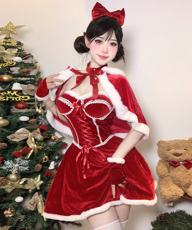 2色【5点セット】クリスマ 大人可愛い セクシー サンタ服 コスプレ Aライン ベアトップ リボン XH2-DML7