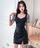 【2色】ミニドレス レース キャバドレス パフスリーブ 大人可愛い 谷間見せ セクシー タイトドレス XH2-JX5100