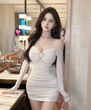 【4色】ミニドレス 秋新作 セクシー タイトドレス 谷間魅せ 袖付き XH2-DD5157