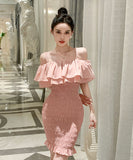 【2色】ミニドレス タイトドレス sexy オフショルダー フリル 大人可愛い XH2-JW9621GT347