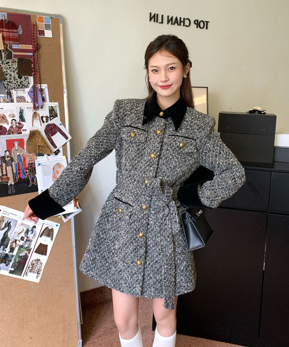 【2色】ミニドレスツイードセレブ風高級感秋冬エレガント着痩せ気質韓国っぽXH2-TCL25177L