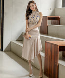 2点セット 膝丈ドレス オフショルダー エレガント 花柄 着痩せ 通勤 おしゃれ YH2-ZED883142A07