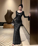 ロングドレス レース マーメイド エレガント 気質 宴会 袖付き XH2-ZED888538DXH238A