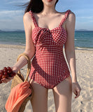 ビキニ 温泉 セクシー 谷間魅せ リボン 水着 モノキニ チェック柄ビキニ水着 XH7-XYX1933