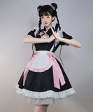 【5点セット】バストハートカットメイドデザインフレアスカートプチプラガーリーチャイナドレス  (チャイナ服/髪飾り/リボン×2/エプロン)XH2-FMS-T023