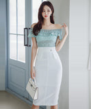 キャバドレス 膝丈ドレス エレガント 気質 オフショルダー フリル レース XH2-ZED880945E