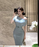 ロングドレスニットドレスワンショルダーセクシーエレガント通勤セクシー気質XH2-XKD-D318A-6340-Jun7