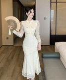 【2色】ロングドレスレースセクシーマーメイド袖付き中華風エレガントXH2-DD5240