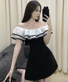 ミニドレス オフショルダー フリル 大人可愛い 着瘦せ 同伴 気質 XH2-ZED882688GT535