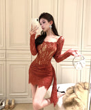 【3色】ミニドレス レース キャバドレス 指名 気質 セクシー hot gril キャバクラ 非対称 肌見せ XH2-XKD-D529-6618-Dec4