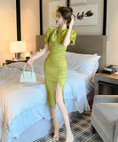 【手作り】膝丈ドレス 高品質 おしゃれ  パフスリーブ エレガント 宴会 高級感 XH2-JY30068