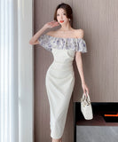 膝丈ドレス オフショルダー フリル 気質 エレガント 通勤 着痩せ おしゃれ XH2-DD4479