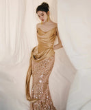 手作り ロングドレス ナイトドレス 宴会 キラキラ パーティー オフショルダー 演奏会 誕生日 XH2-TLG23051902