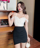 【black&pink】ミニドレス キャバドレス 非対称 谷間魅せ 指名 レース XH2-DD4549