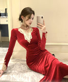 ロングドレス マーメイドドレス セクシー エレガント 袖付き 気質 着痩せ chic 女子力 XH2-ZED886339DXH348A