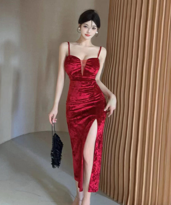 【4色】ロングドレス セクシー 着瘦せ 宴会 美足効果 キャバクラ 谷間魅せ XH2-DD5321