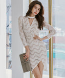 キャバドレス 膝丈ドレス 非対称 レース Ⅴネック セクシー エレガント XH2-ZED880855E