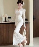 【2色】ロングドレス マーメイド レース Vネック セクシー エレガント XH2-DD7530