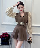 【2点セット】【3色】ミニドレス 大人可愛い 韓国っぽ おしゃれ 着瘦せ パフスリーブ XH2-ZED886831GD653