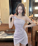 【blue&pink】ミニドレス キャバドレス セクシー キラキラ Party ワンショルダー XH2-DD4737