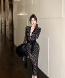 【3色】膝丈ドレス レースドレス 谷間見せ セクシー エレガント 女子力 袖付き 気質 XH2-XKD-D529-6616-Nov28