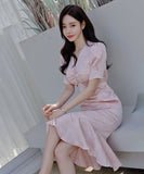 膝丈ドレス エレガント フリル パフスリーブ Vネック 大人可愛い セクシー XH2-ZED885753A71