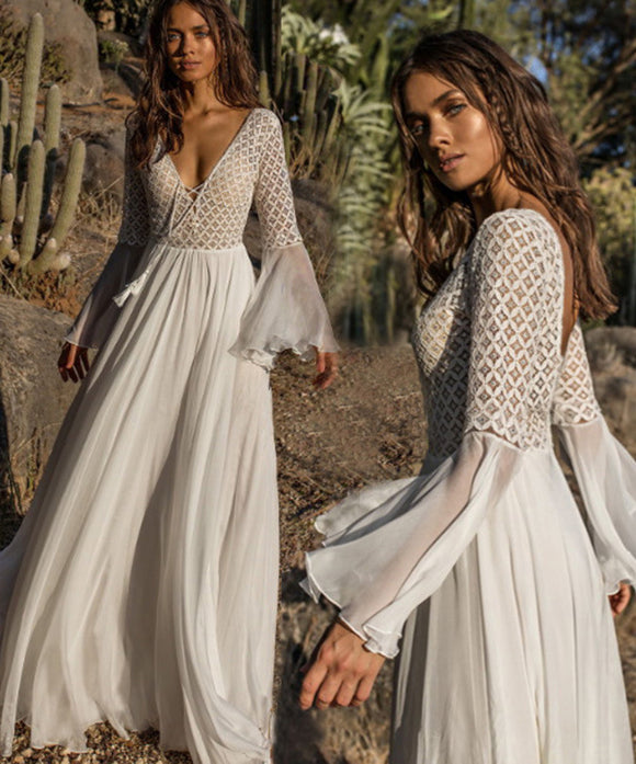 サンドレス ロングドレス Ⅴネック ハワイ セクシー 海 レース 可愛い XH2-MX-ZS688