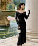 【2色】ロングドレス セクシー オフショルダー 谷間魅せ 指名 フリル 気質 XH2-ZED889648GT347