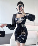 ミニドレス エレガント 気質 セクシー 着瘦せ 袖付き 花柄 XH2-LQE3101H349T