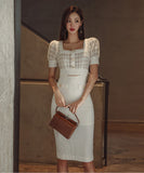 キャバドレス 膝丈ドレス スクエアネック エレガント 気質 パフスリーブ XH2-ZED889686BH538