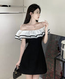ミニドレス オフショルダー フリル 大人可愛い 着瘦せ 同伴 気質 XH2-ZED882688GT535