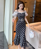 手作り 膝丈ドレス 水玉柄 オフショルダー フリル エレガント 気質 宴会 XH2‐JY50225