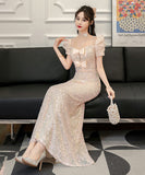 ロングドレス ナイトドレス 宴会 Party パフスリーブ リボン キラキラ 誕生日 演奏会 XH2-MBYD7-11