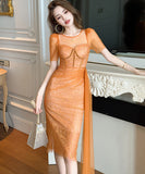 【オレンジ＆ブルー】【手作り】膝丈ドレス エレガント 気質 チュール ユニーク XH2-JY20601