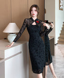 膝丈ドレス 中華風 レース セクシー 秋新作 袖付き おしゃれ 気質 XH2-ZED88959GT415