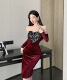 膝丈ドレス キャバドレス キラキラ 気質 ベアトップ セクシー 着瘦せ XH2-DD5333