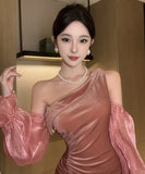 膝丈ドレス ワンショルダー セクシー おしゃれ 着痩せ XH2-ZED885424DXH449