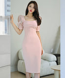 膝丈ドレス セクシー キャバドレス スクエアネック パフスリーブ 谷間魅せ 小顔効果 XH2-ZED886627BH506