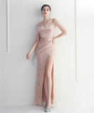 【7色】ロングドレス キラキラ パーティードレス オフショルダー お姫様 誕生日 演奏会 宴会 XH2-YEY19768#