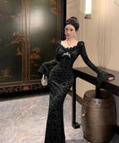 ロングドレス レース マーメイド エレガント 気質 宴会 袖付き XH2-ZED888538DXH238A